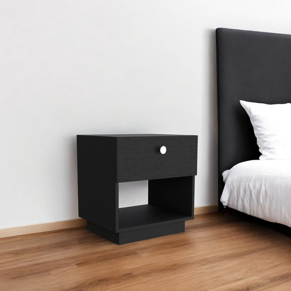 HomeRoots 20" Black Wood Nightstand with Tech Integration, Sleek Design, Drawer & Shelf for Modern Spaces 518174