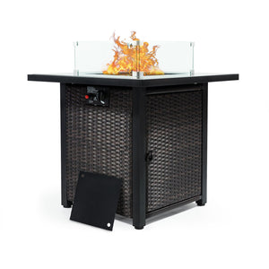 English Elm Outdoor Fire Pit 50,000 BTU Propane Gas Fire Table with Wicker Base, Glass Wind Guard, Lid, Patio Warmer Brown+Black W213P266089