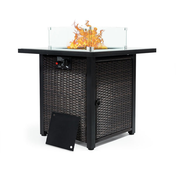 English Elm Outdoor Fire Pit 50,000 BTU Propane Gas Fire Table with Wicker Base, Glass Wind Guard, Lid, Patio Warmer Brown+Black W213P266089