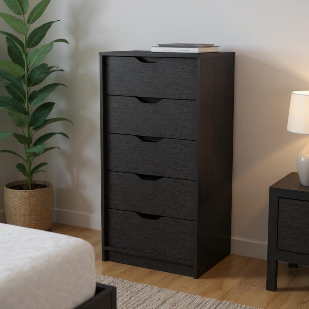 HomeRoots 18" Space-Saving Five Drawer Dresser with Modern Metal Handles for Stylish Bedroom Storage Solutions Black 518181