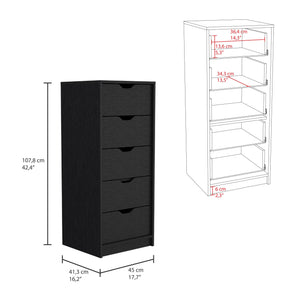 Homeroots 18" Black Charcoal Manufactured Wood Five Drawer Tall And Narrow Dresser  Manufactured Wood 518181