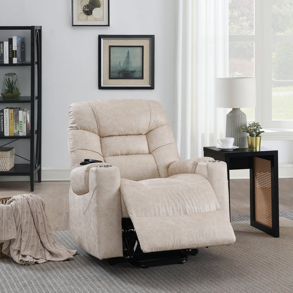 English Elm Light Power Lift Recliner with Heating & Massage in Light Grey — Leather Aire, Power Recline, Lift Assist Comfort B062P215446
