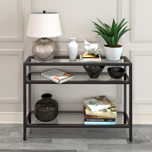 Homeroots 42" Clear And Black Glass Console Table With Shelves   518210