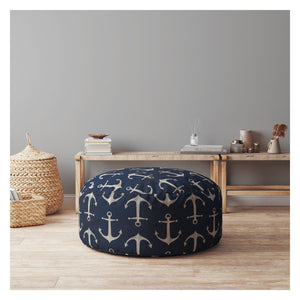 Homeroots 24" Blue And Gray Twill Round Anchor Pouf Ottoman   518216