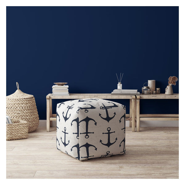 Homeroots 17" Blue And Gray Canvas Anchor Pouf Ottoman   518217