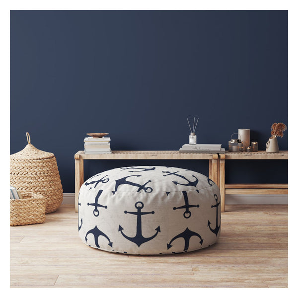 Homeroots 24" Blue And Gray Canvas Round Anchor Pouf Ottoman Navy,White  518218