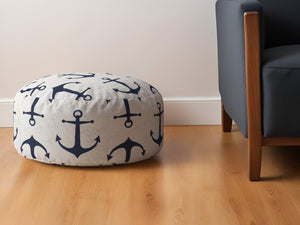Homeroots 24" Blue And Gray Canvas Round Anchor Pouf Ottoman Navy,White  518218