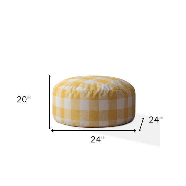 Homeroots 24" Yellow And White Canvas Round Gingham Pouf Ottoman Dusty Yellow  518220