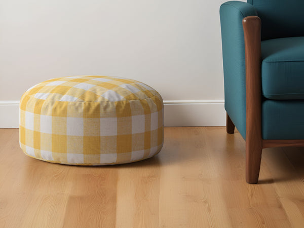 Homeroots 24" Yellow And White Canvas Round Gingham Pouf Ottoman Dusty Yellow  518220
