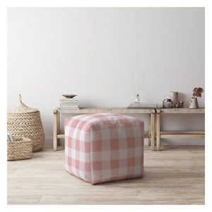 Homeroots 17" Pink And White Cotton Gingham Pouf Ottoman   518221