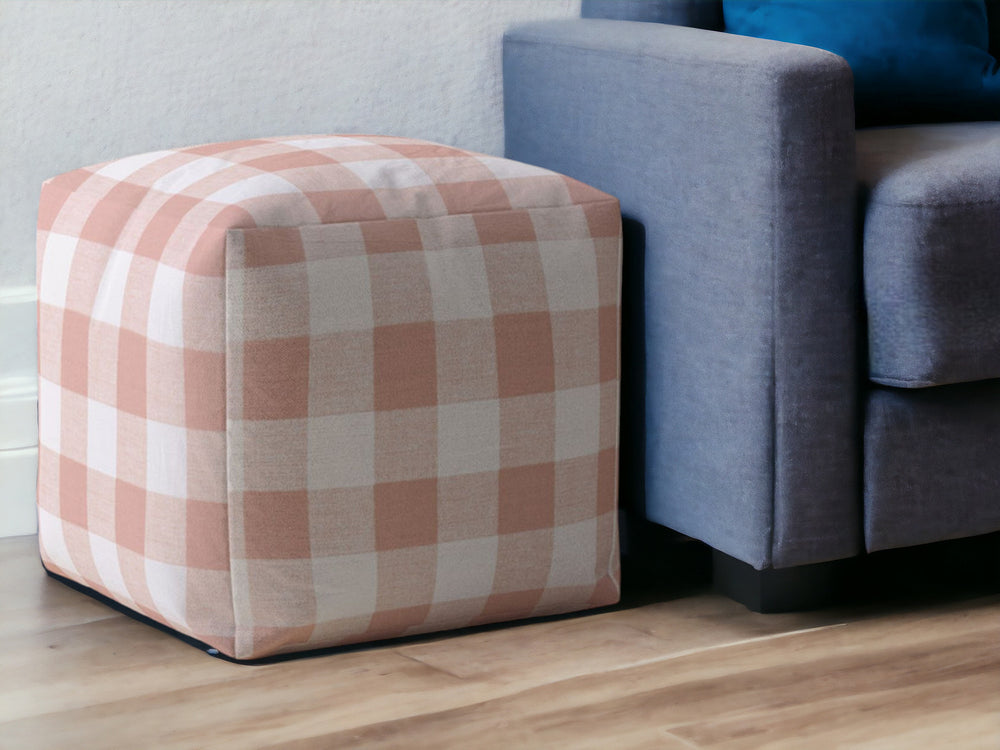 Homeroots 17" Pink And White Cotton Gingham Pouf Ottoman   518221