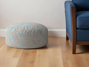 Homeroots 24" Blue Canvas Round Animal Print Pouf Ottoman   518234