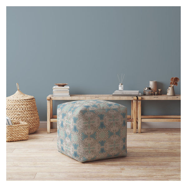 Homeroots 17" Blue Cotton Ikat Pouf Ottoman   518235
