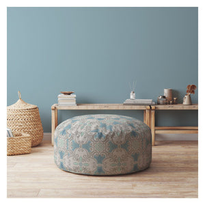 Homeroots 24" Blue Cotton Round Ikat Pouf Ottoman   518236