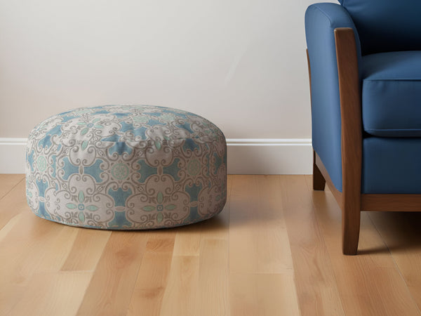 Homeroots 24" Blue Cotton Round Ikat Pouf Ottoman   518236