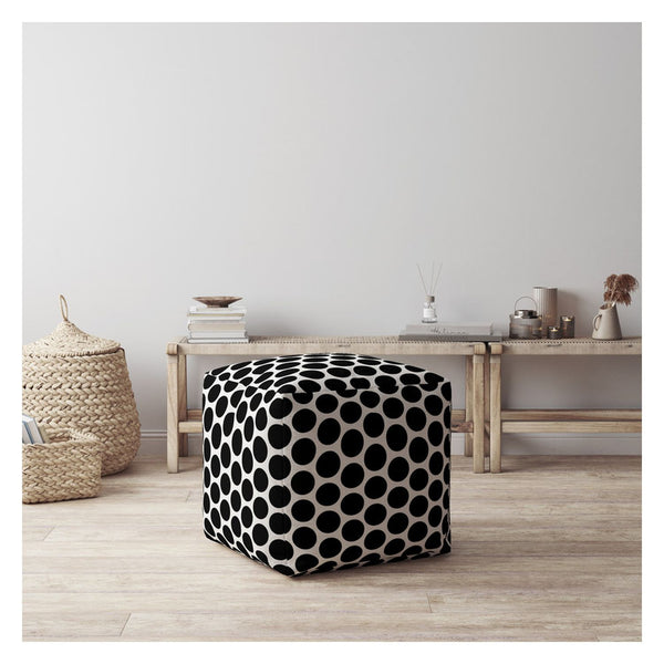 Homeroots 17" Black And White Cotton Polka Dots Pouf Ottoman Black  518243