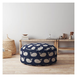Homeroots 24" Blue And White Twill Round Animal Print Pouf Ottoman   518248