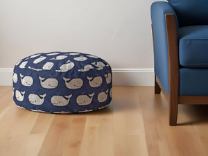 Homeroots 24" Blue And White Twill Round Animal Print Pouf Ottoman   518248
