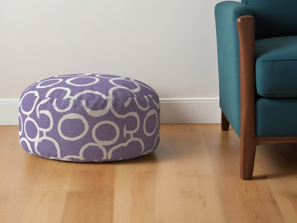 Homeroots 24" Purple And White Cotton Round Abstract Pouf Ottoman   518250