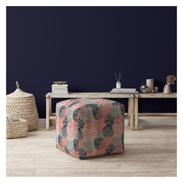 Homeroots 17" Coral Polyester Floral Pouf Ottoman   518251