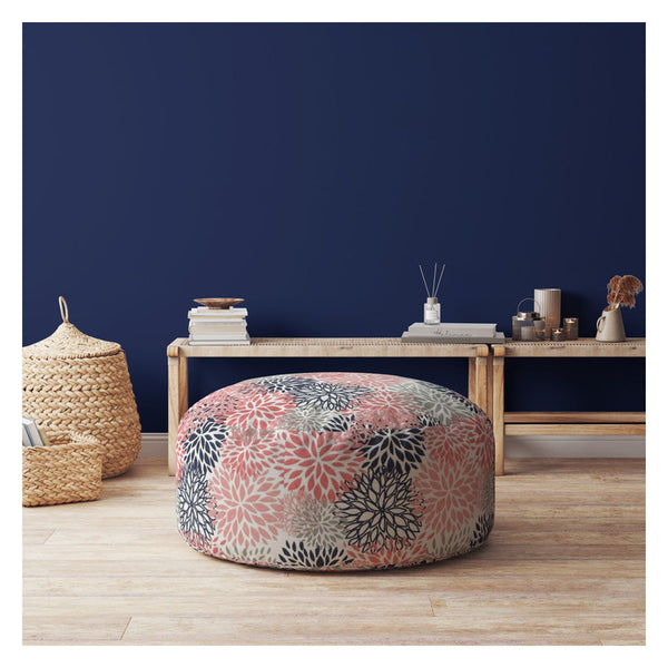 Homeroots 24" Coral Polyester Round Floral Pouf Ottoman   518252