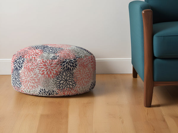 Homeroots 24" Coral Polyester Round Floral Pouf Ottoman   518252