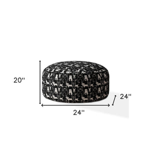 Homeroots 24" Black Cotton Round Animal Print Pouf Ottoman   518254