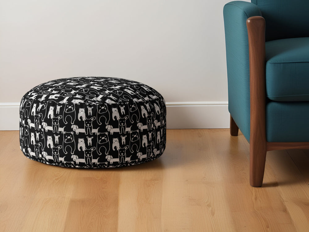 Homeroots 24" Black Cotton Round Animal Print Pouf Ottoman   518254