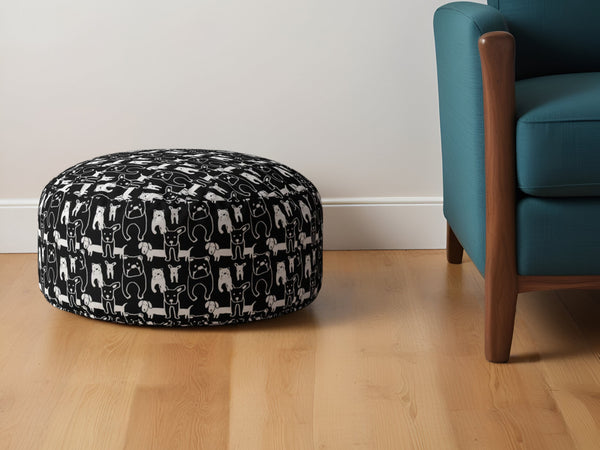 Homeroots 24" Black Cotton Round Animal Print Pouf Ottoman   518254