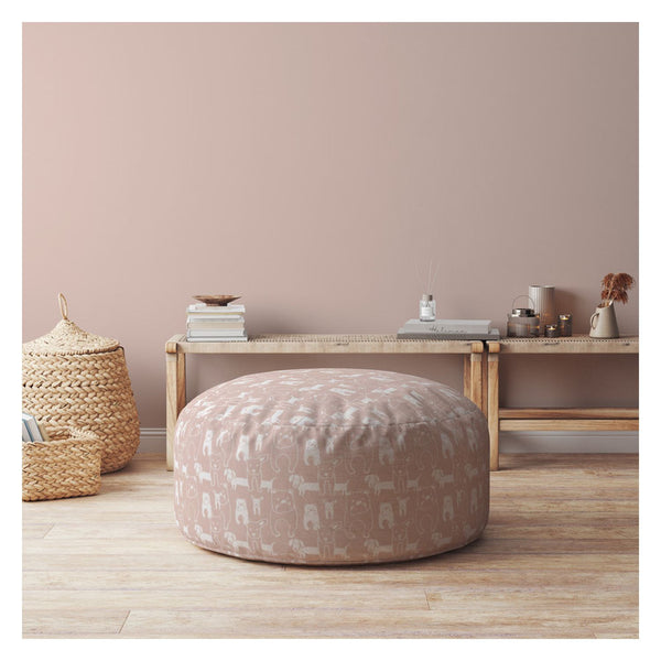Homeroots 24" Pink Cotton Round Animal Print Pouf Ottoman Blush  518256