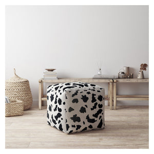 Homeroots 17" Black And White Twill Cow Print Pouf Ottoman   518259