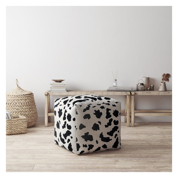 Homeroots 17" Black And White Twill Cow Print Pouf Ottoman   518259