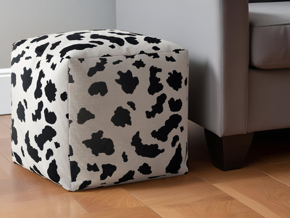 Homeroots 17" Black And White Twill Cow Print Pouf Ottoman   518259