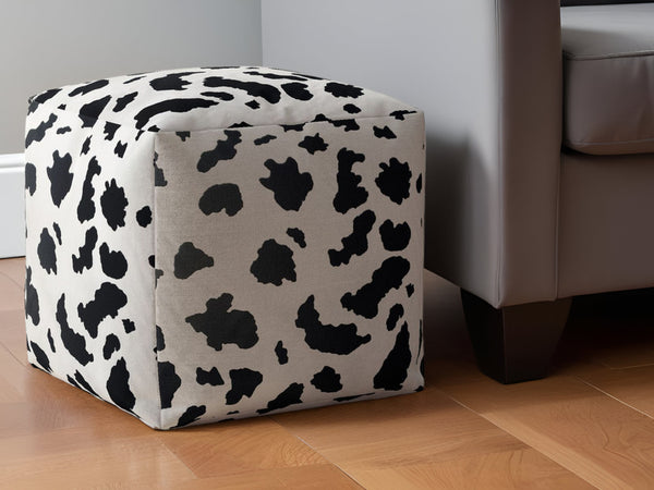 Homeroots 17" Black And White Twill Cow Print Pouf Ottoman   518259