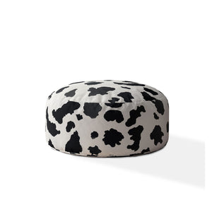Homeroots 24" Black And White Twill Round Animal Print Pouf Ottoman   518260