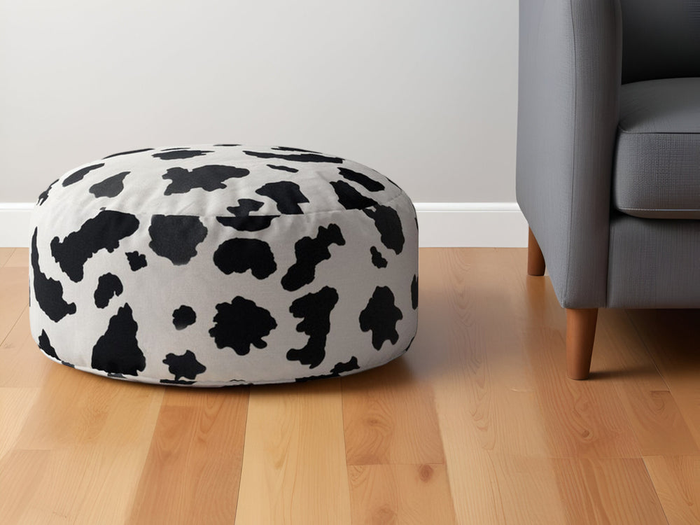 Homeroots 24" Black And White Twill Round Animal Print Pouf Ottoman   518260