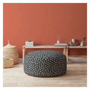Homeroots 24" Blue Cotton Round Floral Pouf Ottoman   518262