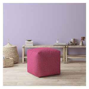 Homeroots 17" Pink Cotton Chevron Pouf Ottoman Hot Pink,White  518271
