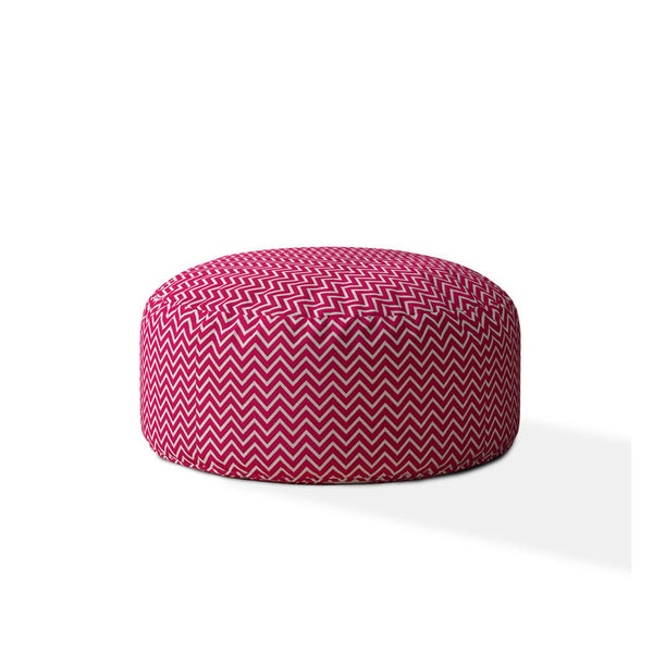 Homeroots 24" Pink Cotton Round Chevron Pouf Ottoman Hot Pink,White  518272