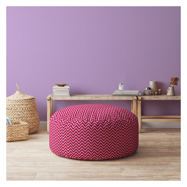 Homeroots 24" Pink Cotton Round Chevron Pouf Ottoman Hot Pink,White  518272