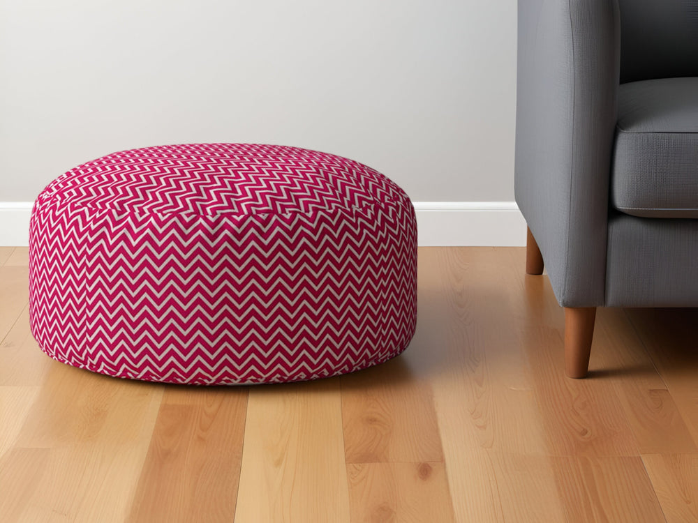 Homeroots 24" Pink Cotton Round Chevron Pouf Ottoman Hot Pink,White  518272