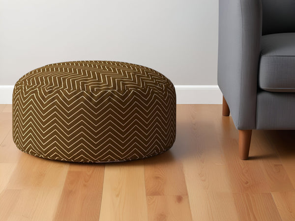 Homeroots 24" Brown Cotton Round Chevron Pouf Ottoman   518274