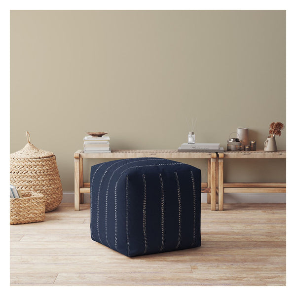Homeroots 17" Blue Cotton Striped Pouf Ottoman   518275