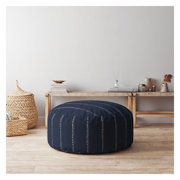Homeroots 24" Blue Cotton Round Striped Pouf Ottoman   518276