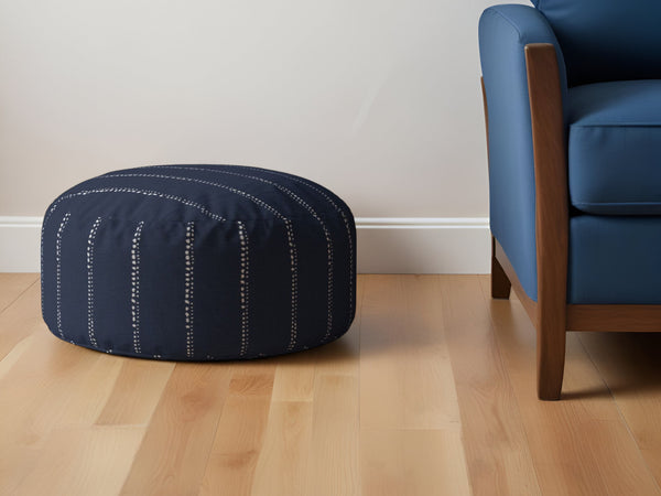 Homeroots 24" Blue Cotton Round Striped Pouf Ottoman   518276