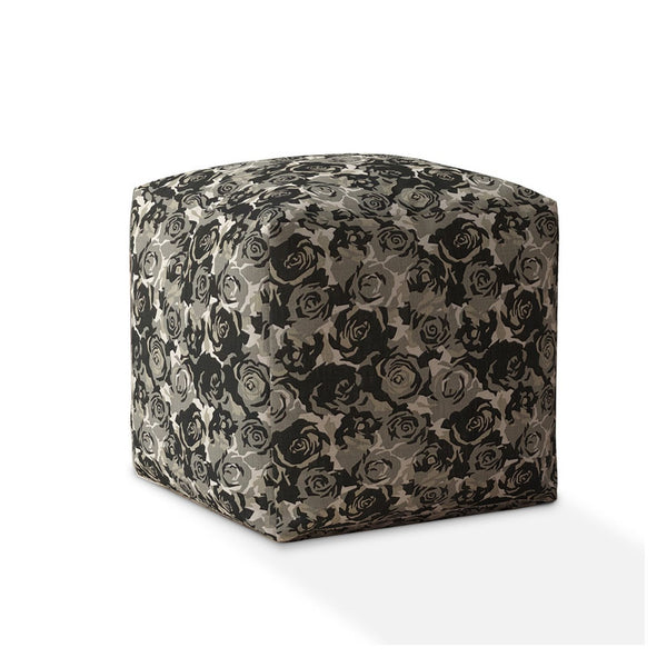 Homeroots 17" Beige Canvas Floral Pouf Ottoman   518277
