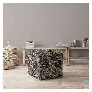 Homeroots 17" Beige Canvas Floral Pouf Ottoman   518277