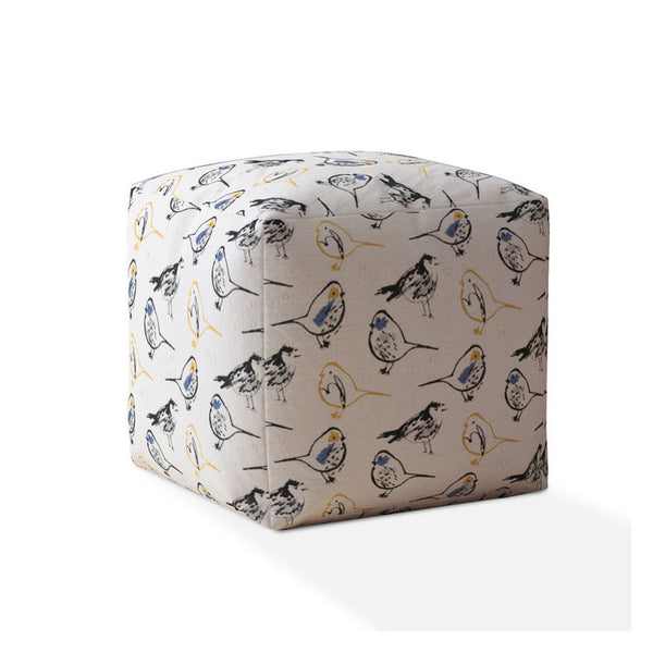 Homeroots 17" Yellow And White Canvas Birds Pouf Ottoman   518279