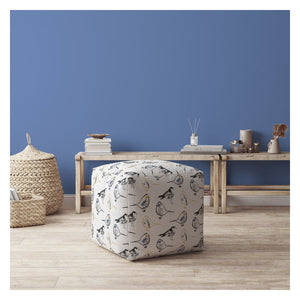 Homeroots 17" Yellow And White Canvas Birds Pouf Ottoman   518279