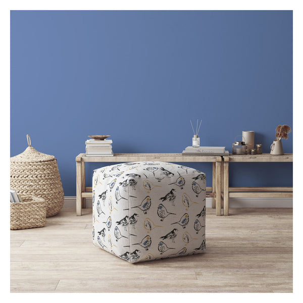 Homeroots 17" Yellow And White Canvas Birds Pouf Ottoman   518279